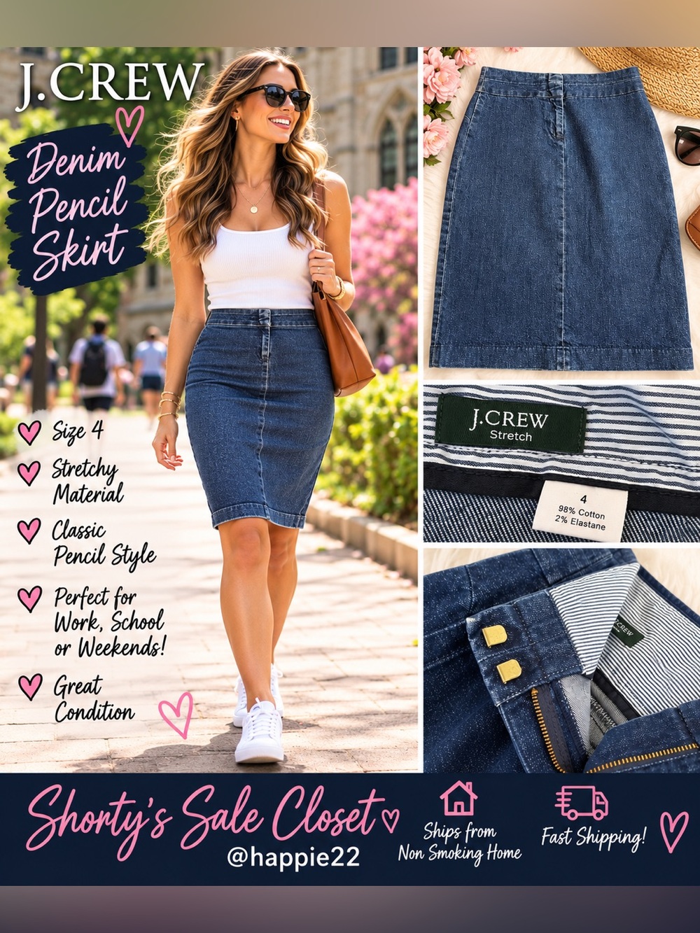 J. Crew Indigo Denim Pencil Skirt Sz 4 - Stretchy Denim